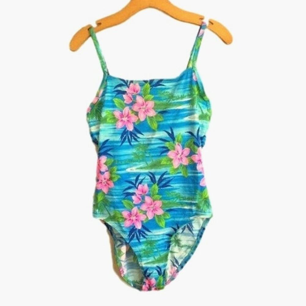 Vintage Aqua Blue & Pink TROPICAL One Piece Swimsuit - S/M